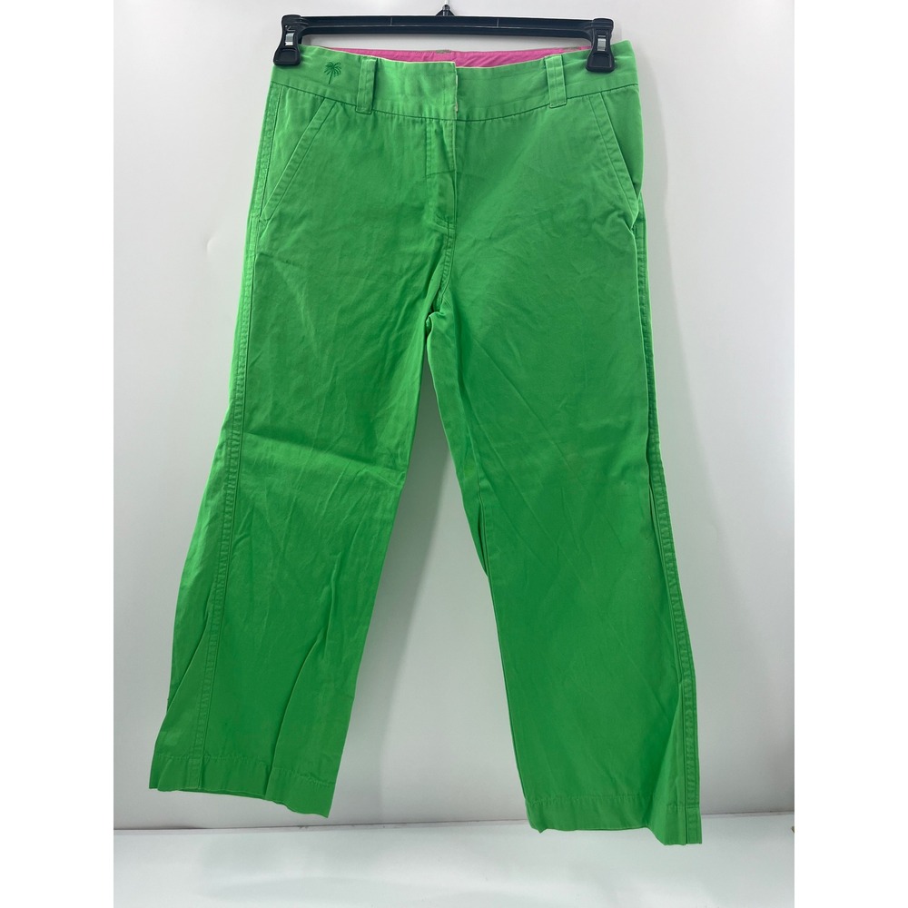 Lilly Pulitzer Green Cotton Chino Pants Size 2 Palm Tree Embroidery Straight Leg